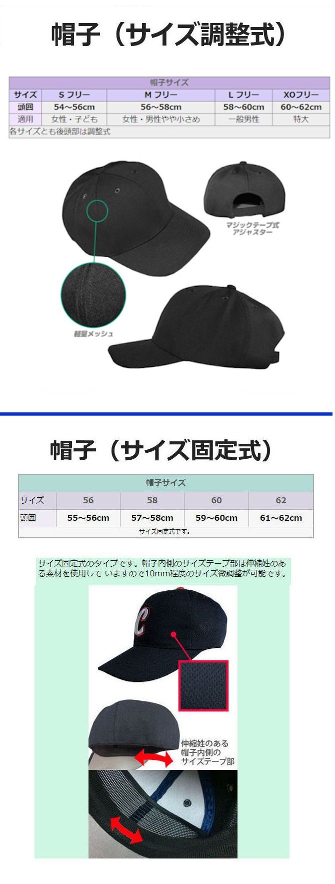 野球ユニフォーム帽子のサイズタイプ
